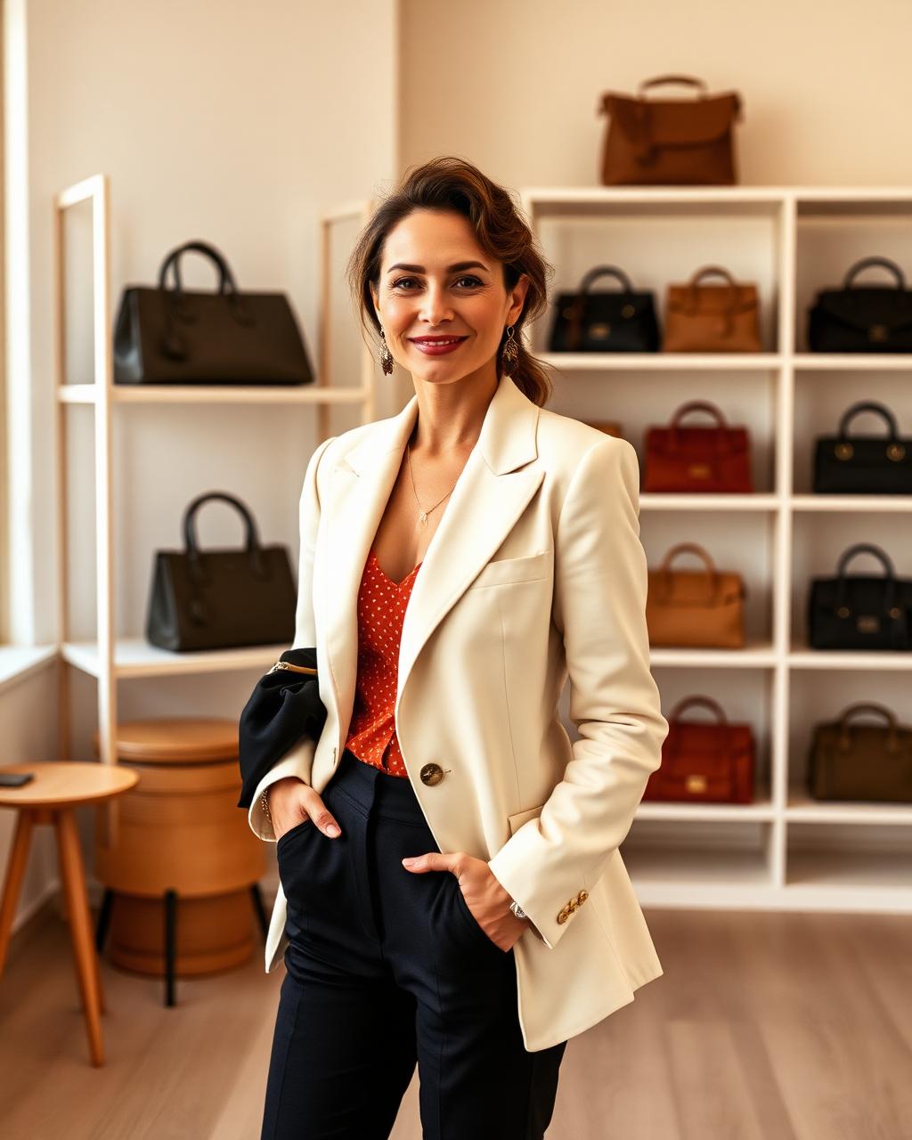 Founder of HandbagsAvenue in the studio surrounded by handbags